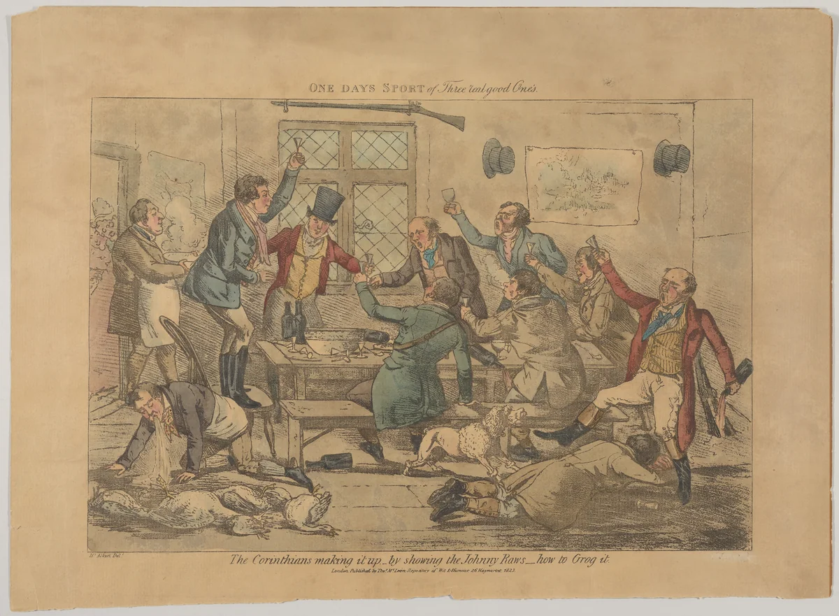 One Days Sport of Three Real Good Ones. The Corinthians making it up...by showing the Johnny Raws how to Grog it by Henry Thomas Alken, print, 1823