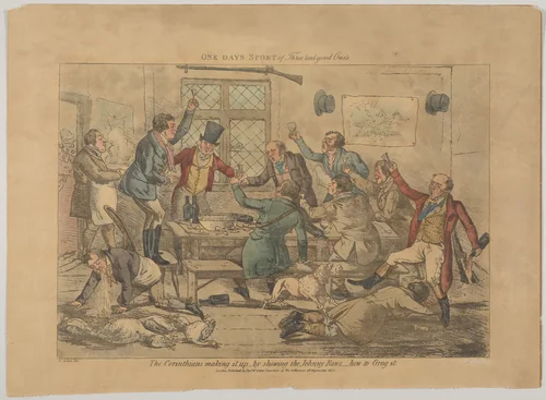 One Days Sport of Three Real Good Ones. The Corinthians making it up...by showing the Johnny Raws how to Grog it by Henry Thomas Alken, print, 1823