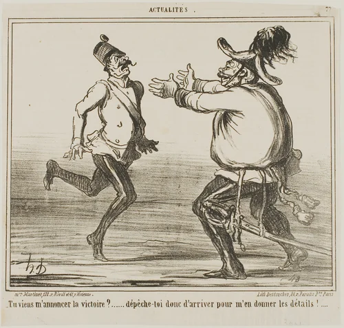 “- Are you coming to announce victory?... hurry up and give me the details!....,” plate 77 from Actualités by Honoré-Victorin Daumier, print, 1859