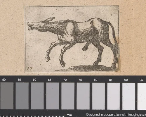 Balkende ezel by Antonio Tempesta, print, 1565-1630