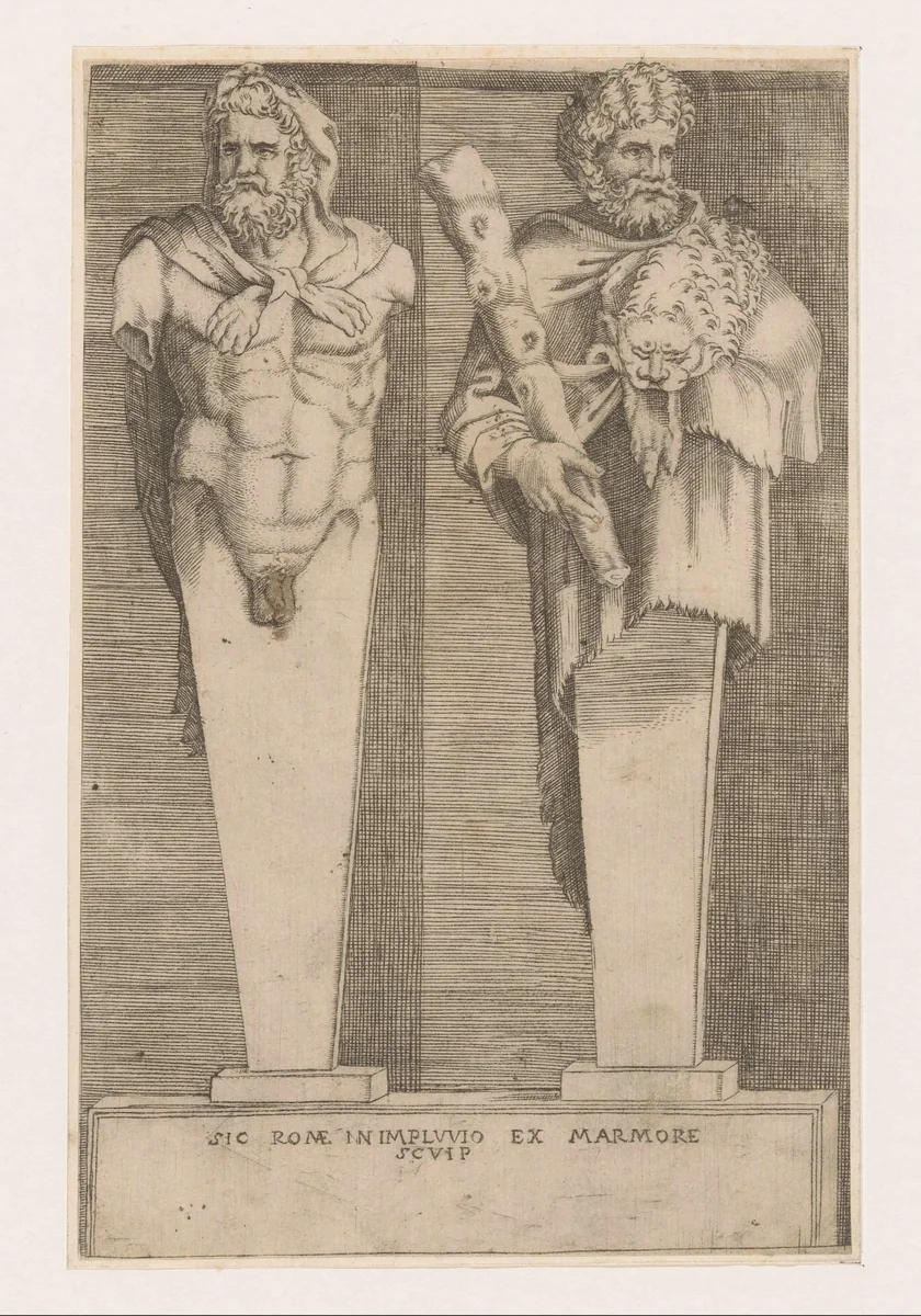 Twee hermen van Hercules by Unknown, print, 1536-1570