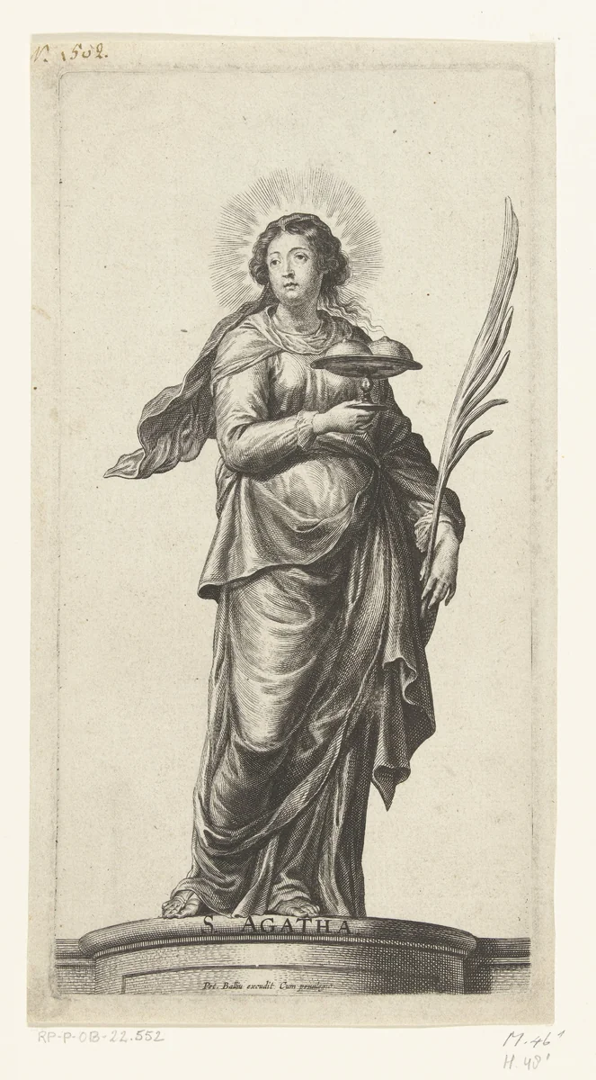 Heilige Agatha met schaal met afgesneden borsten by Pieter de Bailliu, print, 1623-1660