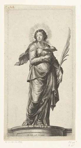 Heilige Agatha met schaal met afgesneden borsten by Pieter de Bailliu, print, 1623-1660