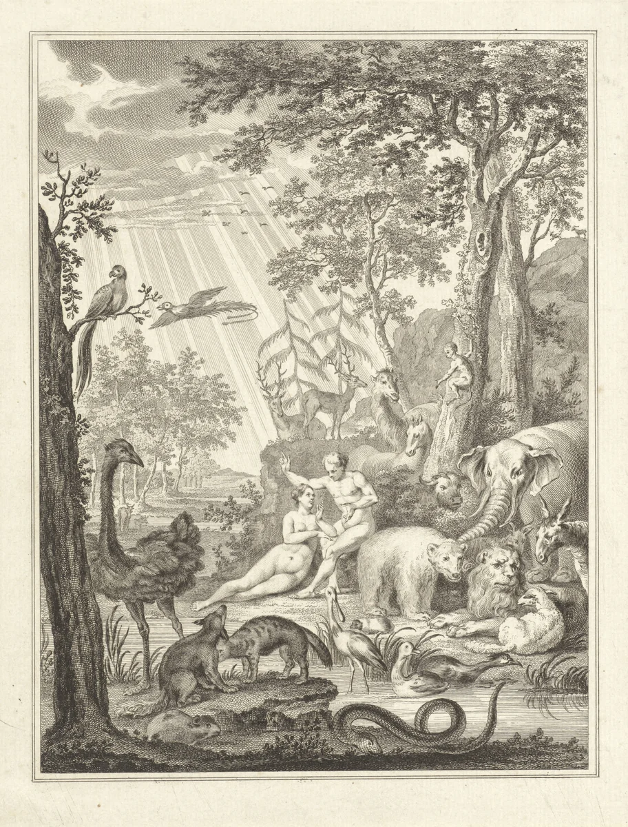 Adam en Eva in het Paradijs by Reinier Vinkeles, print, 1751-1808