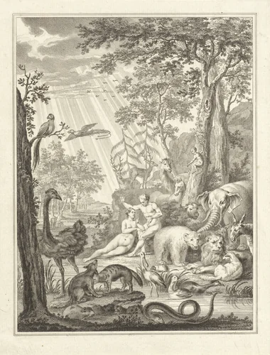 Adam en Eva in het Paradijs by Reinier Vinkeles, print, 1751-1808