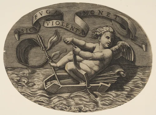 Eros escaping by sea using his bow to propel a boat made from his quiver with an arrow as the mast and his blindfold as the sail, a banderole above by Marco Dente, print, 1510-1532