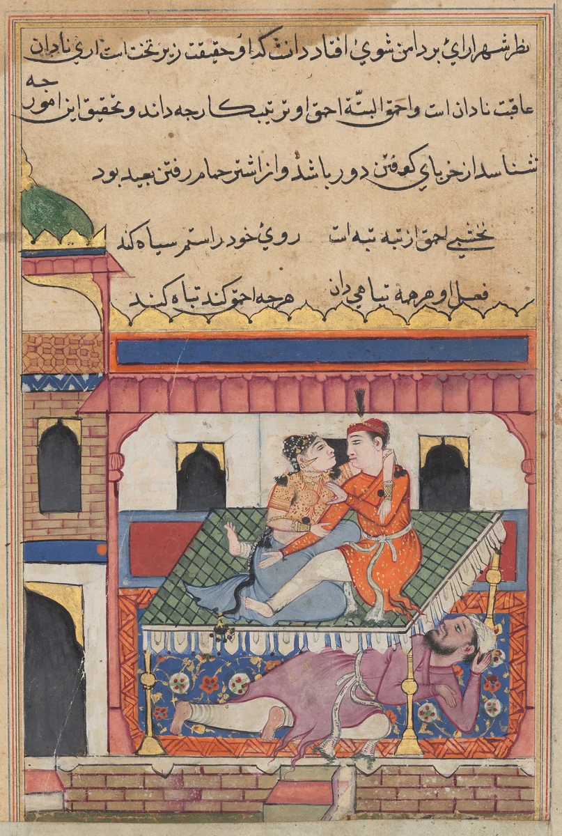 Shahr-Arai and her lover dallying on a bed beneath which is concealed her husband, from a Tuti-nama (Tales of a Parrot): Fortieth Night by Unknown, painting, 1555-1565