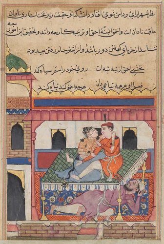 Shahr-Arai and her lover dallying on a bed beneath which is concealed her husband, from a Tuti-nama (Tales of a Parrot): Fortieth Night by Unknown, painting, 1555-1565