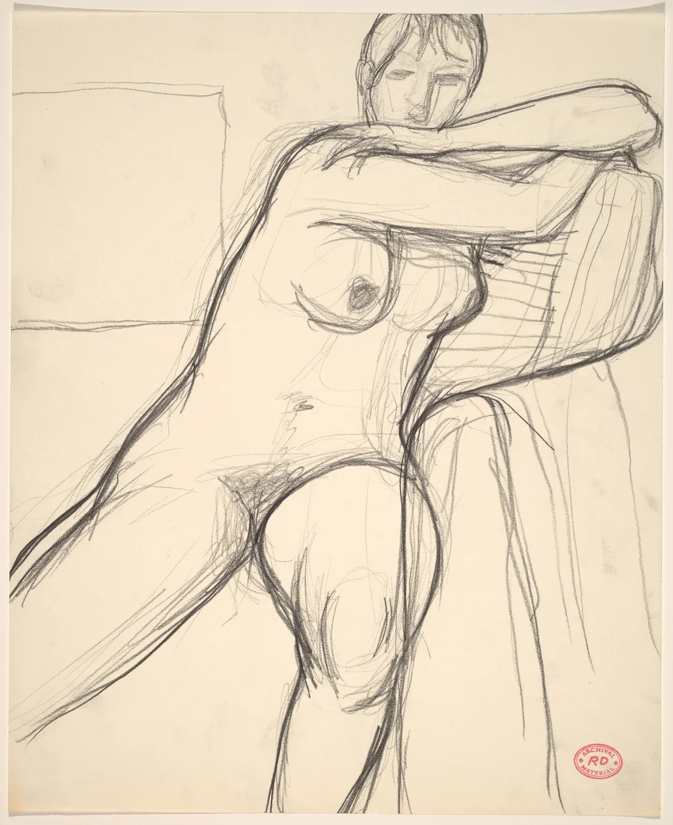 Untitled [seated nude leaning her arms on a cushion] by Richard Diebenkorn, drawing, 1955-1967
