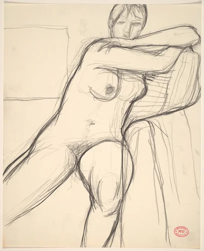 Untitled [seated nude leaning her arms on a cushion] by Richard Diebenkorn, drawing, 1955-1967