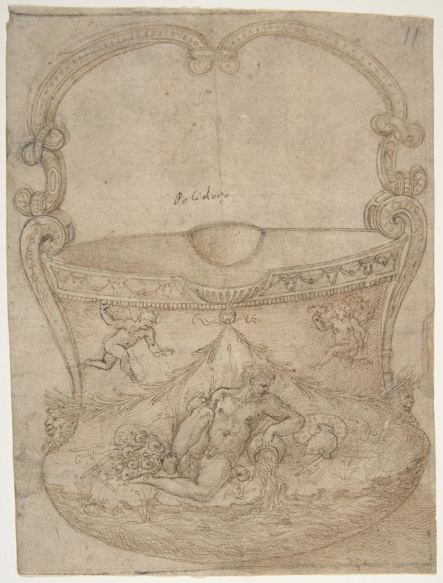 Design for a Bucket-Like Vessel with a Handle of Non-Figural Interlaces, on a Body Adorned with a River God and Two Putti by Girolamo Genga, drawing, 1540-1550