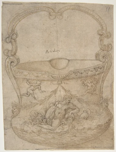 Design for a Bucket-Like Vessel with a Handle of Non-Figural Interlaces, on a Body Adorned with a River God and Two Putti by Girolamo Genga, drawing, 1540-1550
