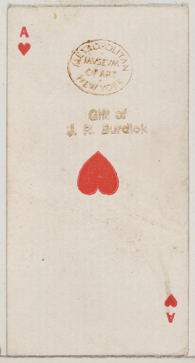 Ace of Hearts (red), from the Playing Cards series (N84) for Duke brand cigarettes by W. Duke, Sons & Co., print, 1888