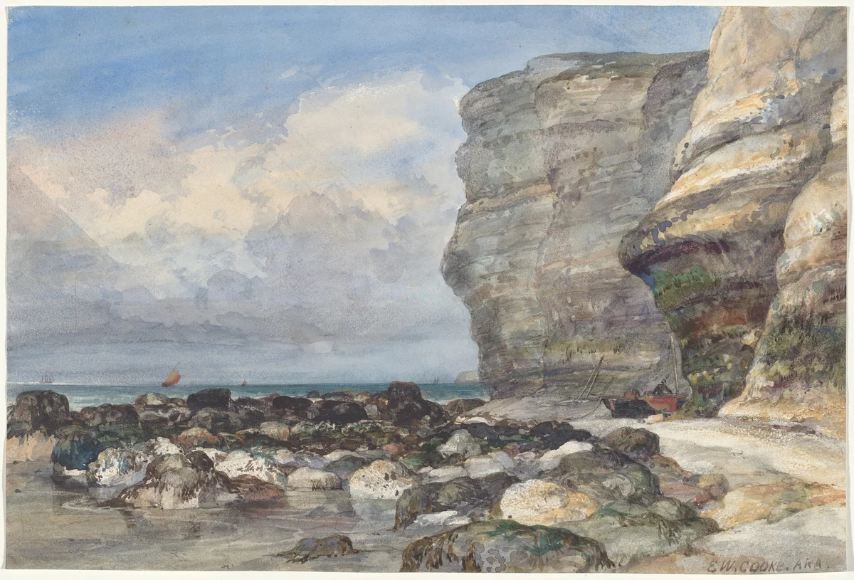 The Rocky Beach and Cliffs at Fécamp by Edward William Cooke, drawing, 1833-1837