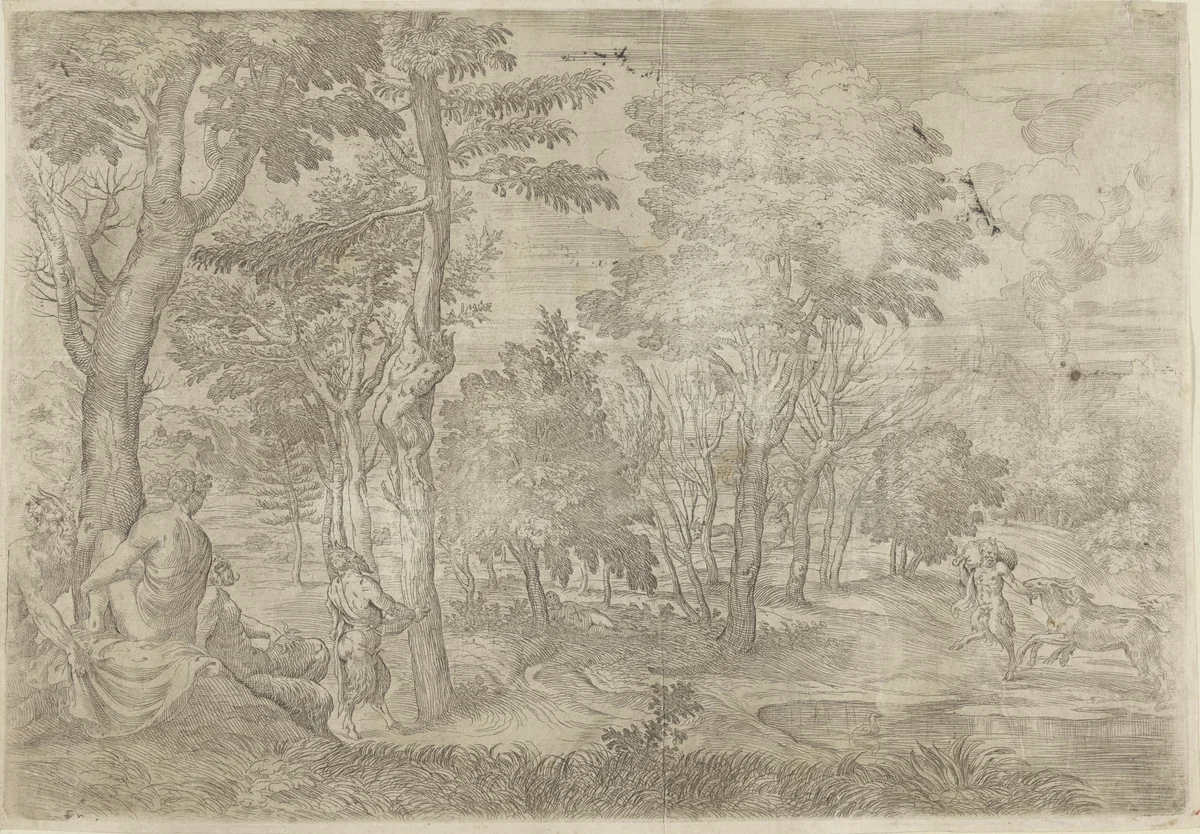 Landschap met nimfen en saters by Giovanni Francesco Grimaldi, print, 1616-1680