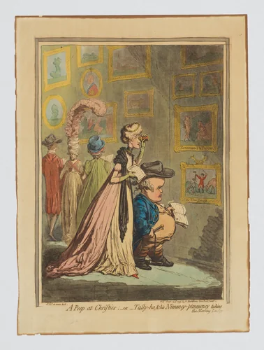 A Peep at Christies;–or–Tally-ho & his Nimeny-pimeney taking the Morning Lounge by James Gillray, print, 1796