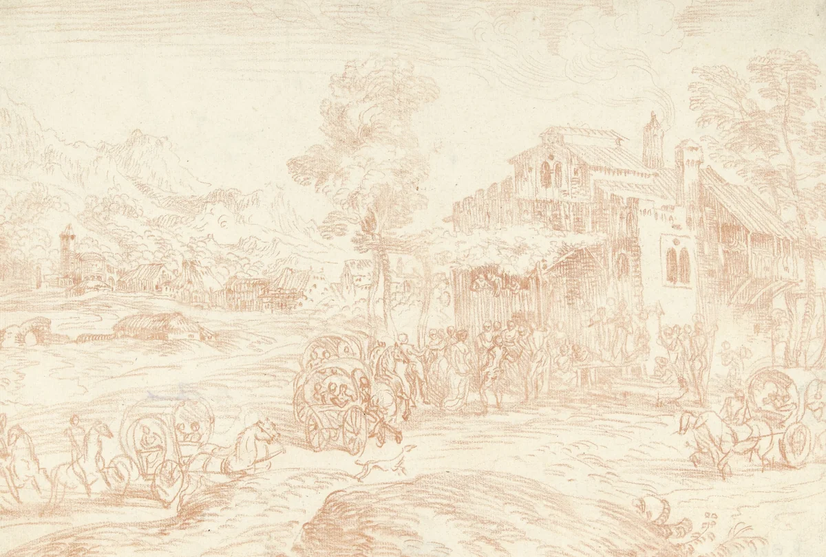 Landschap met vele figuren bij een herberg by Jean-Antoine Watteau, drawing, 1715-1840