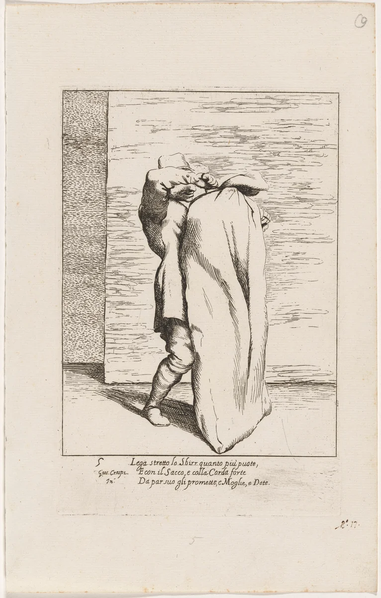 Bertoldo Placing the Jailer in the Sack by Giuseppe Maria Crespi, print, 1705-1715