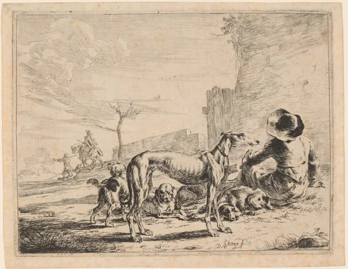 A Seated Man with a Pack of Dogs by Dirck Stoop, print, 1618-1676