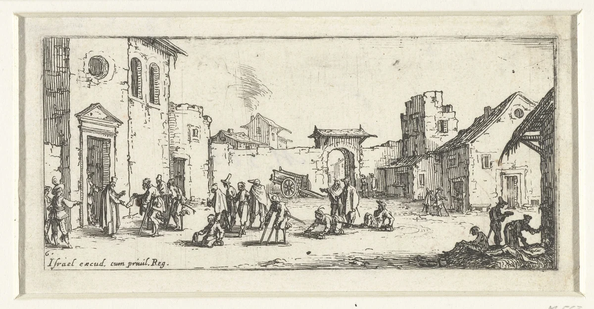 Gewonden bij een ziekenhuis by Jacques Callot, print, 1632-1636