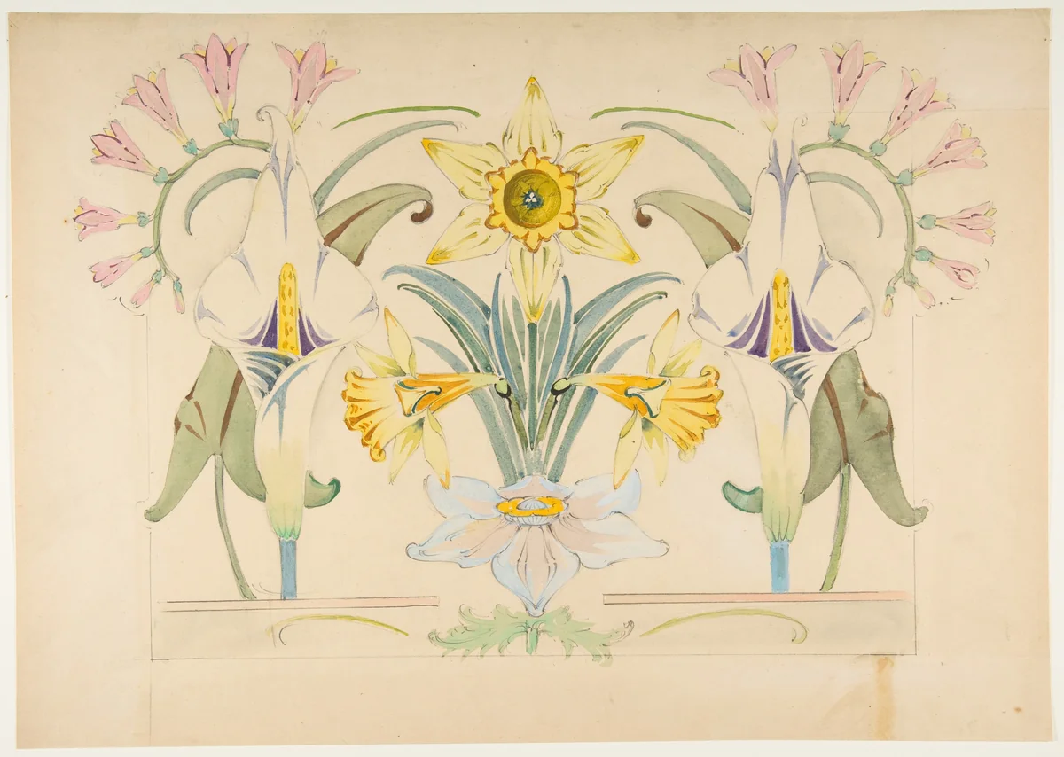Flower Design: Daffodils and Calla Lilies by anonymous, drawing, 1800-1899