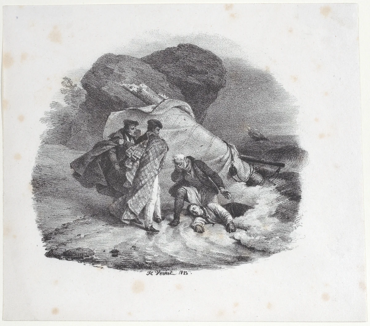 Shipwrecked Victim Thrown onto the Shore of Pourville by Horace Vernet, print, 1817-1827