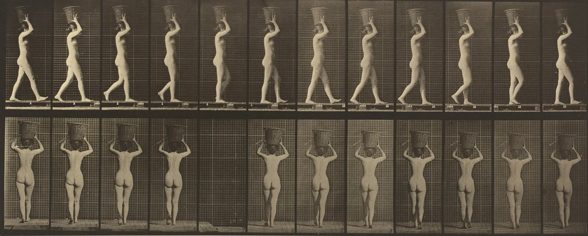 Plate Number 34. Walking and carrying a 15-lb. basket on head, hands raised by Eadweard Muybridge, photograph, 1887