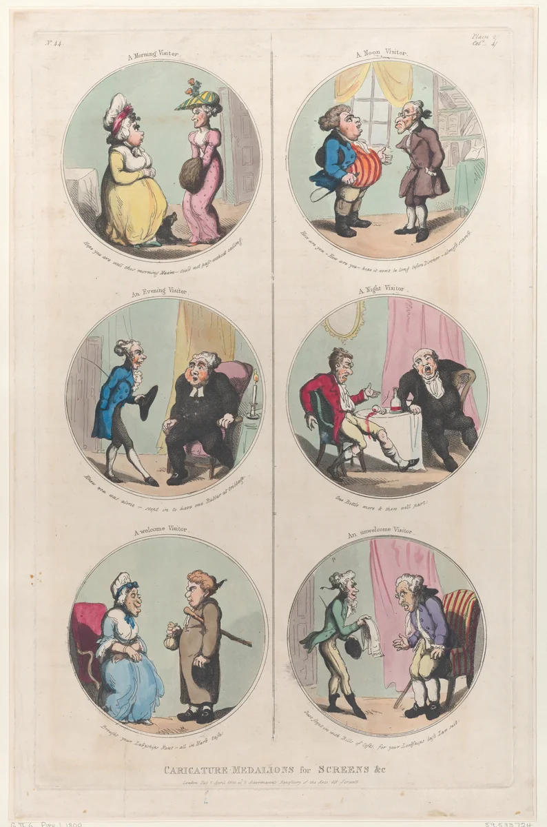Caricature Medallions for Screens &c: A Morning Visitor, An Evening Visitor, A Welcome Visitor, A Noon Visitor, A Night Visitor, An Unwelcome Visitor by Thomas Rowlandson, print, 1800