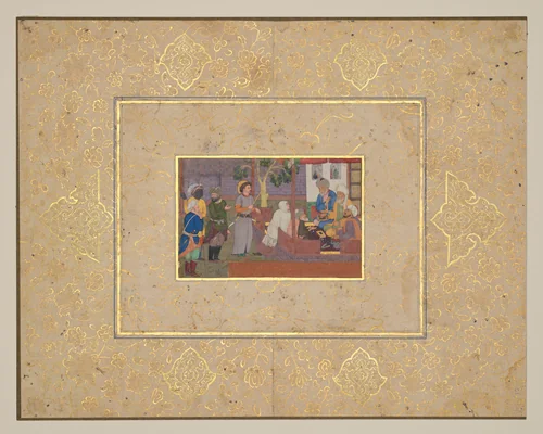 "An Old Man and His Young Wife Before Religious Arbitrators," Folio from a Gulistan of Sa'di by Daulat, manuscript, 1585-1640