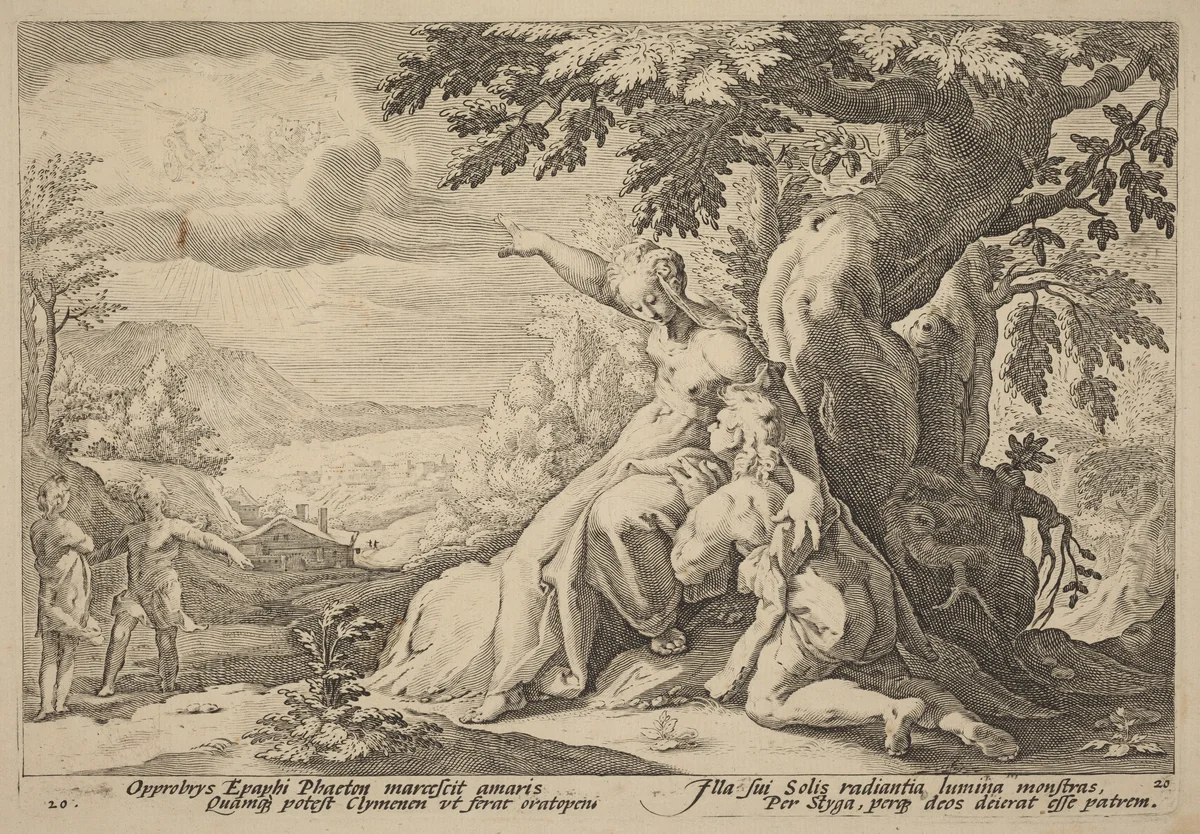 Clymene Urging Phaeton to Find Helios by Hendrick Goltzius, print, 1595-1605