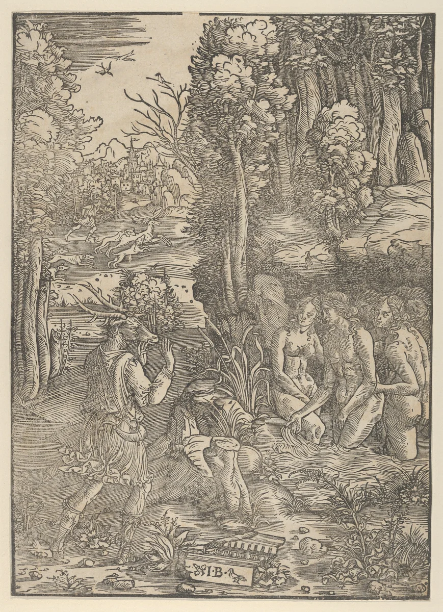 Diana turning Actaeon into a stag by Giovanni Battista Palumba, print, 1500-1510