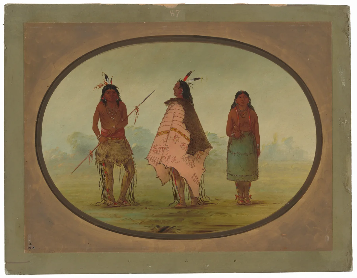 Two Apachee Warriors and a Woman by George Catlin, painting, 1855-1869