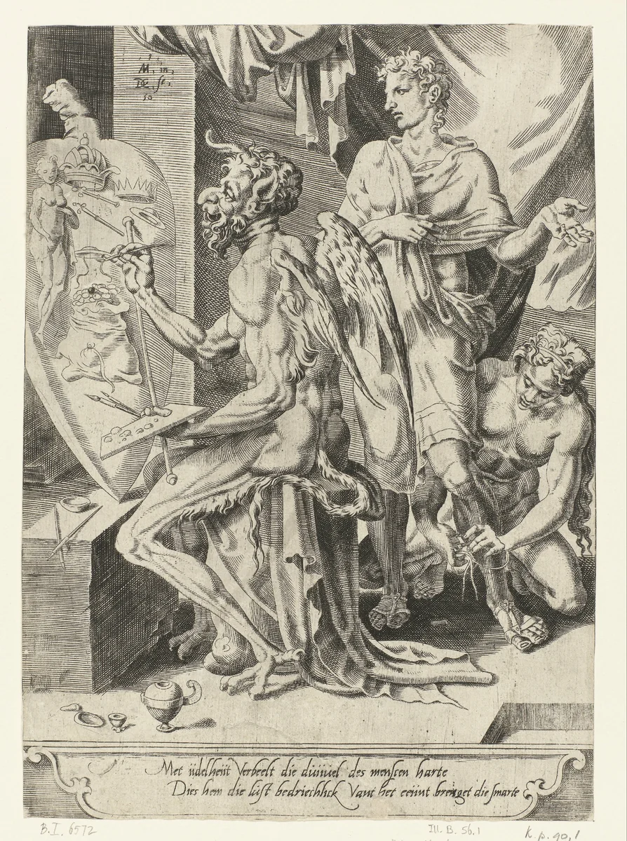 Met rijkdom, macht en genot verleidt de duivel de mens by Unknown, print, 1550