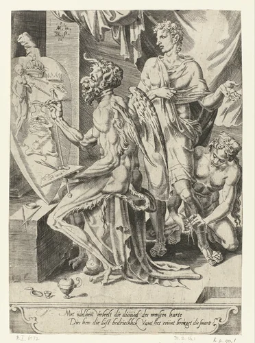 Met rijkdom, macht en genot verleidt de duivel de mens by Unknown, print, 1550