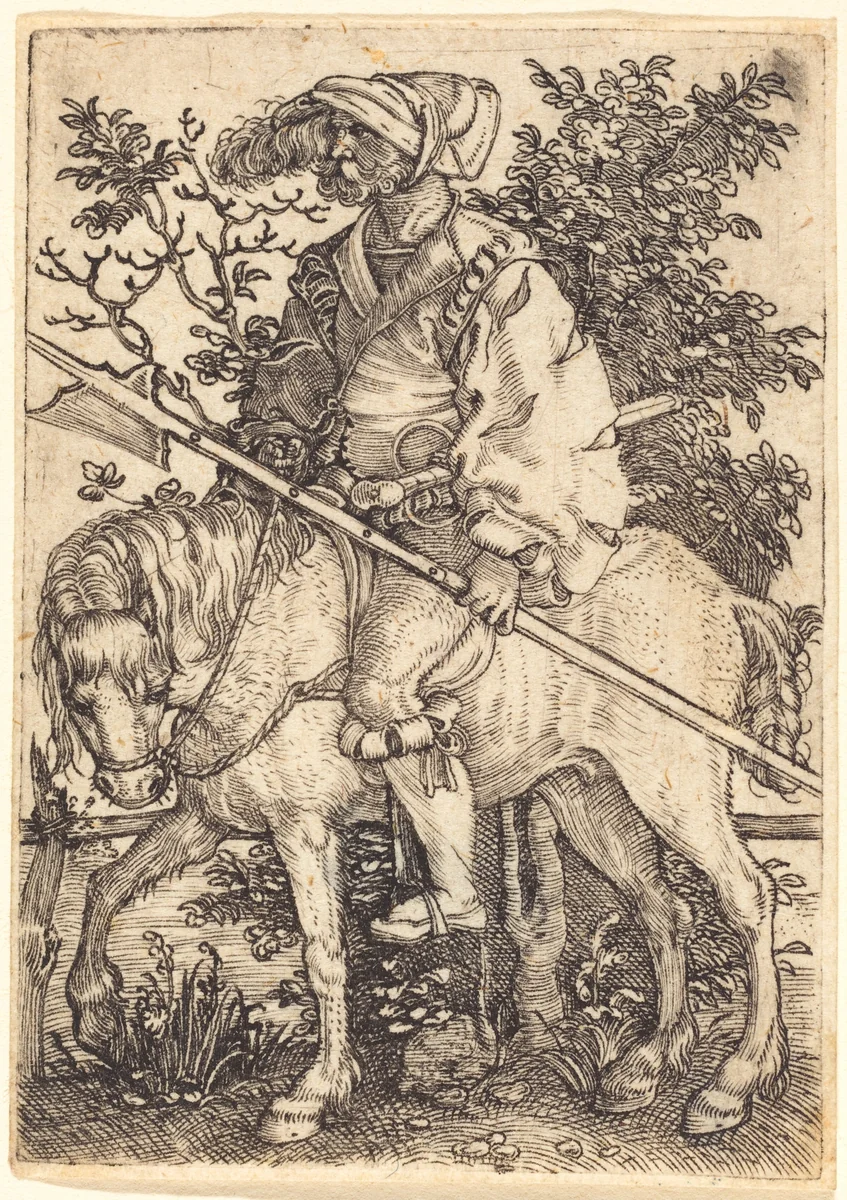 Halberdier on Horseback by Barthel Beham, print, 1520-1530