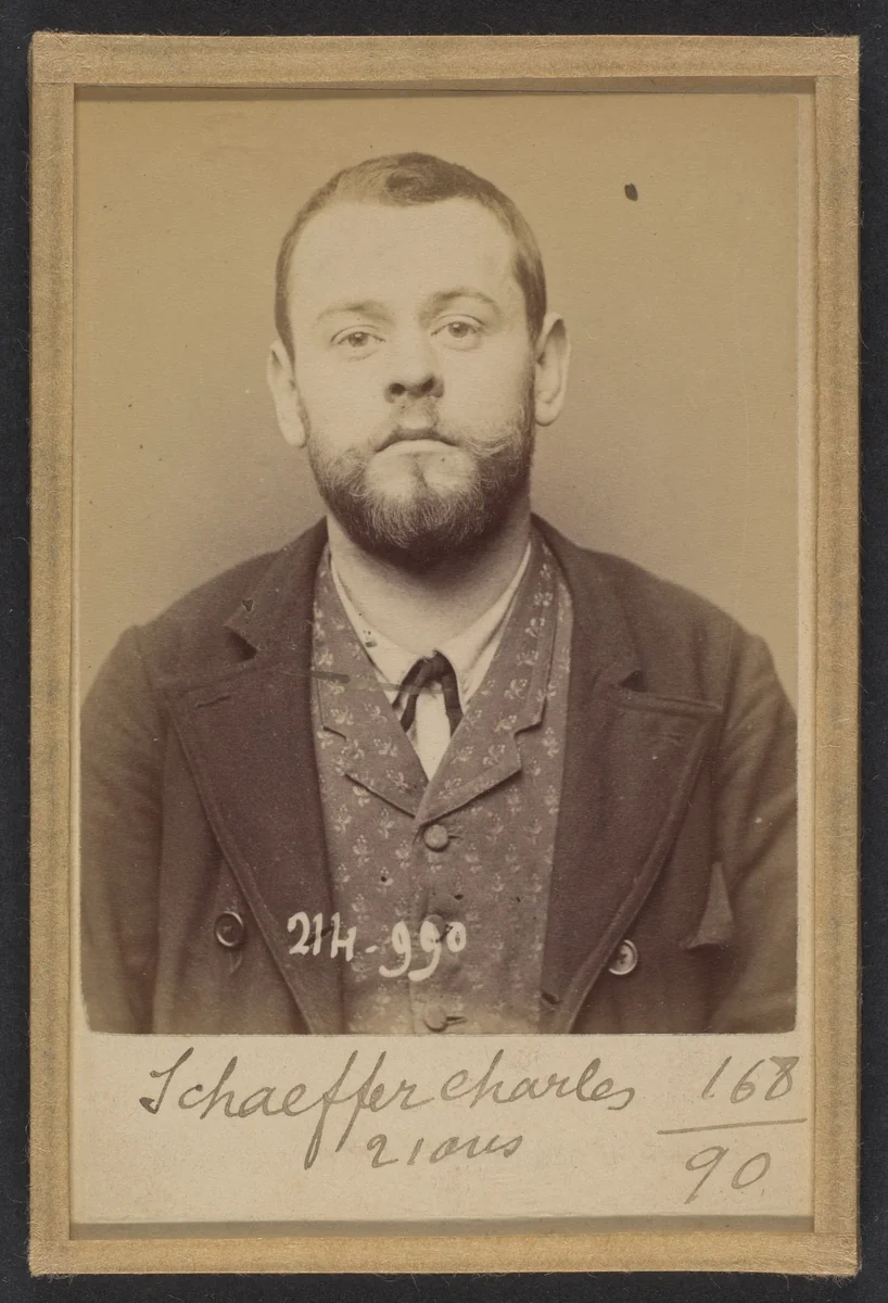Schaffer. Charles. 28 ans, né à Paris Xle. Ébéniste. Association de malfaiteurs. 2/3/94 by Alphonse Bertillon, photograph, 1894