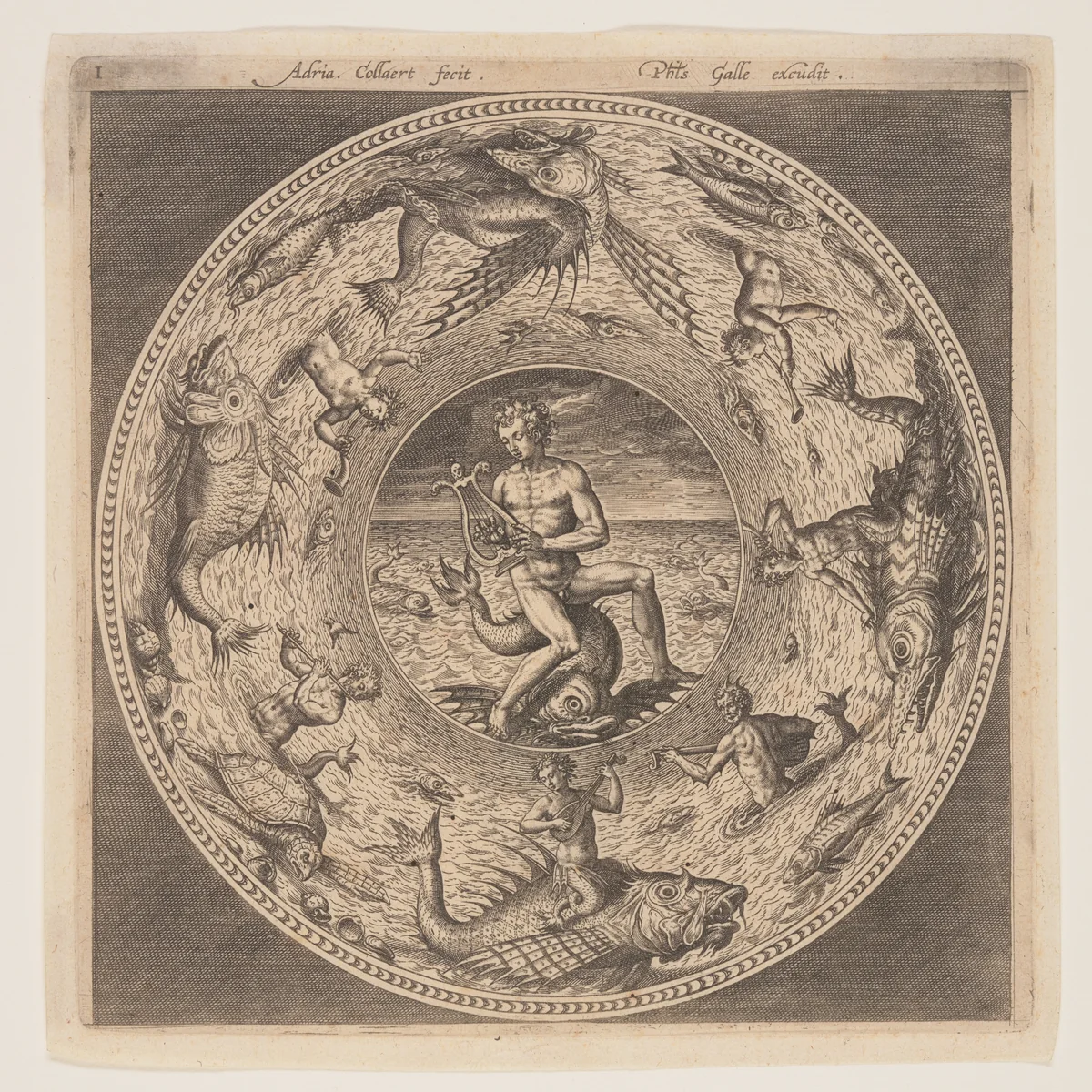 Arion on a Dolphin surrounded by a Border decorated with Sea Creatures, from a Set of Designs for Plates (Fonds de Coupe) by Adriaen Collaert, print, 1580-1600