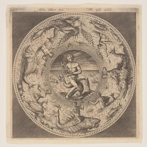 Arion on a Dolphin surrounded by a Border decorated with Sea Creatures, from a Set of Designs for Plates (Fonds de Coupe) by Adriaen Collaert, print, 1580-1600