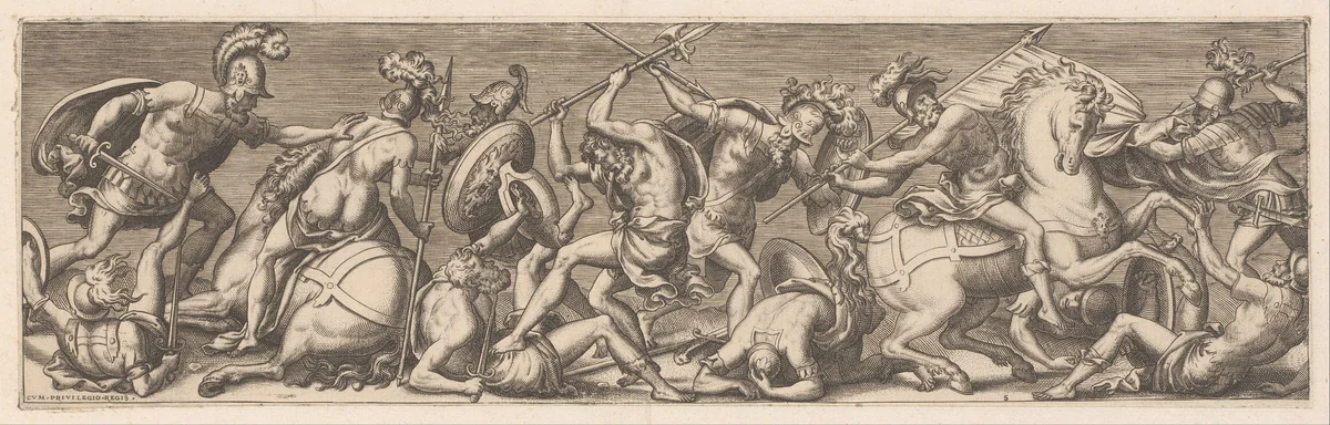 Gevecht tussen Romeinse cavaleristen en infanteristen by Unknown, print, 1528-1583