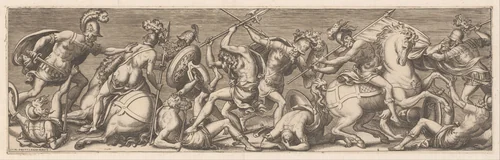Gevecht tussen Romeinse cavaleristen en infanteristen by Unknown, print, 1528-1583