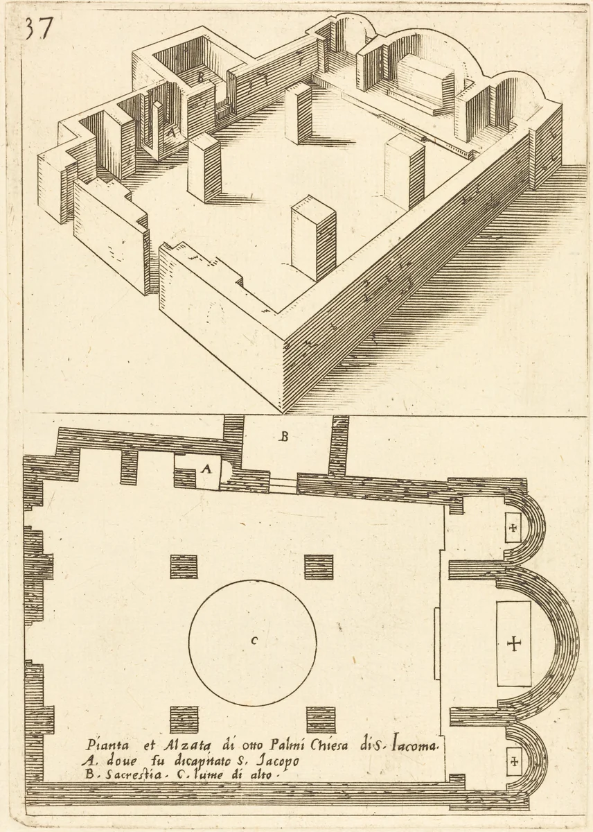 Plan and Elevation of the Church of S. Iacoma by Jacques Callot, print, 1619