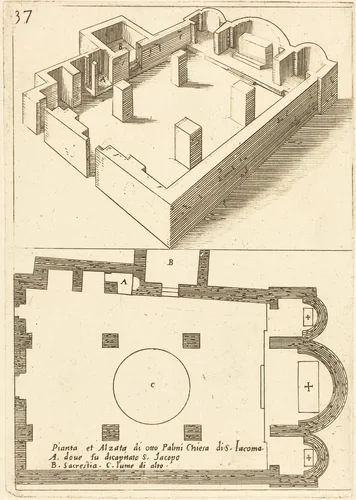 Plan and Elevation of the Church of S. Iacoma by Jacques Callot, print, 1619