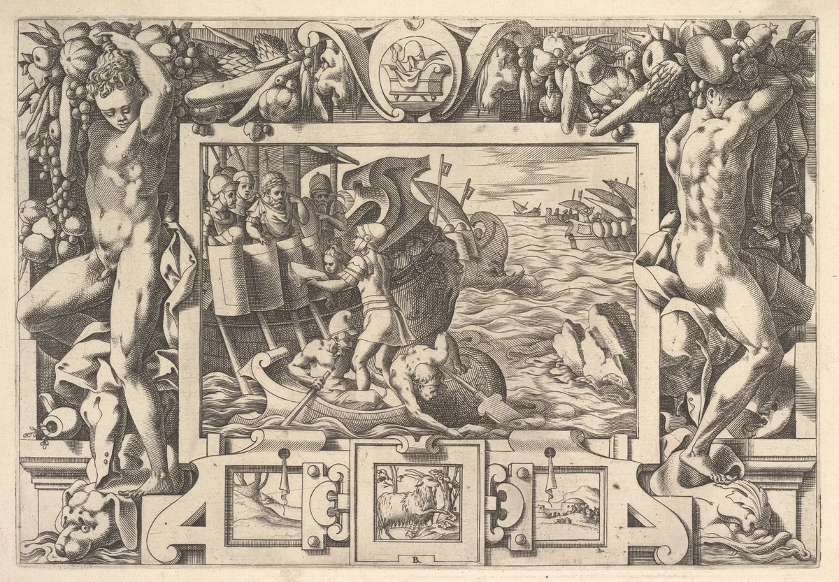 Aeëtes Gathers the Limbs of Absyrtes (Tandis qu'il fait les membres ramasser, Grecs font devoir de leurs voiles haulser...), from "Jason and the Golden Fleece" by René Boyvin, print, 1563
