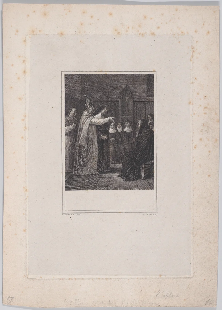 A priest and a group of nuns by Barthélemy Joseph Fulcran Roger, print, 1823