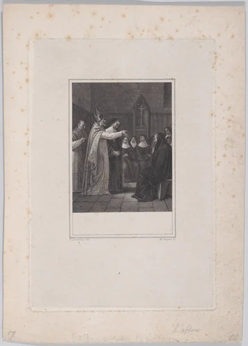 A priest and a group of nuns by Barthélemy Joseph Fulcran Roger, print, 1823