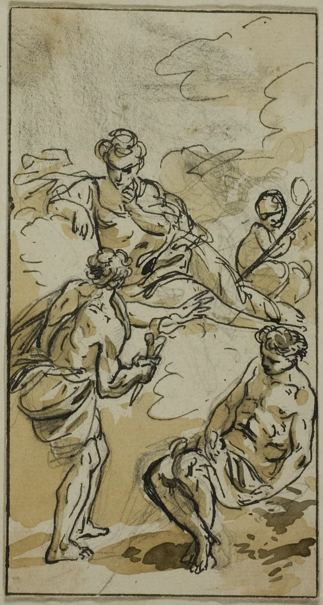 Goddess Appearing to Two Figures by Jacob Wilhelm Mechau or Johann Friedrich Mechau, drawing, 1765-1854