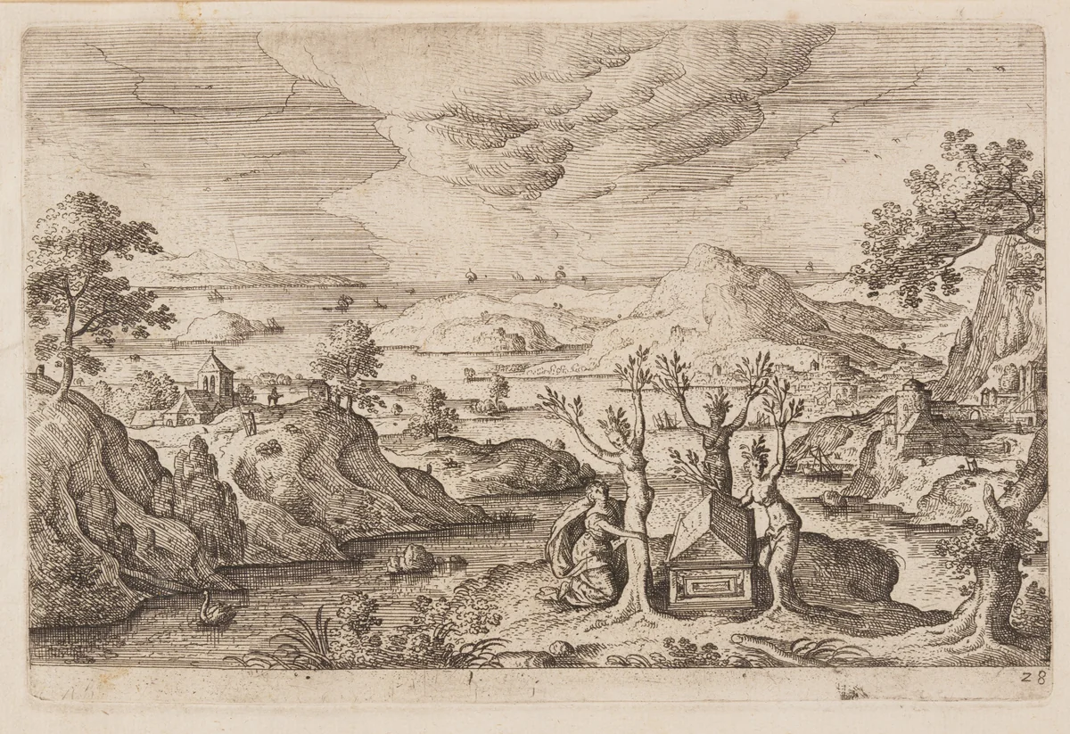 Plate 28, from Landscapes with Scenes from the Old and New Testament and Ovid’s Metamorphoses by Hans Bol, print, 1574