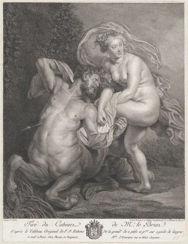 Deianeira receiving the poisoned tunic from Nessus, and the wounded centaur falling to the ground at left by Christian Gottfried Schultze, print, 1778