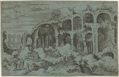 Colossaei. Ro. Prospectus. 3 (Third View of the Colosseum in Rome) by Giovanni Battista Pittoni, print, 1556-1566