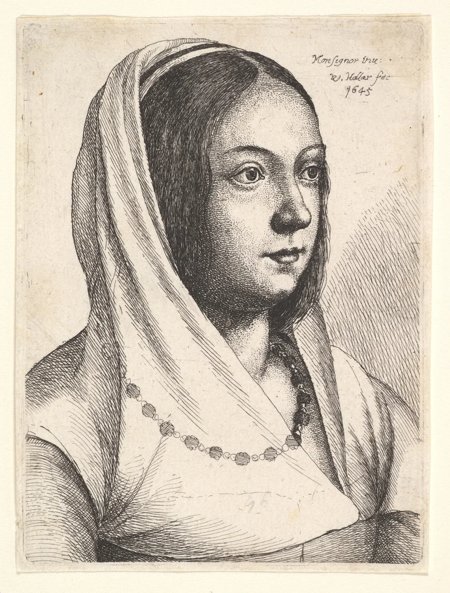 Young woman with a scarf on her head by Wenceslaus Hollar, print, 1645